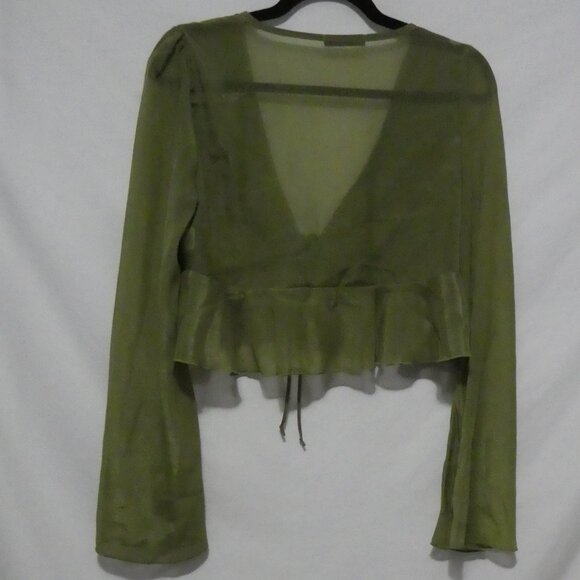 SHEIN | medium | Elegant Green V-Neck Sheer Blouse With Tie / Lace-Up Detail - Picture 2 of 15